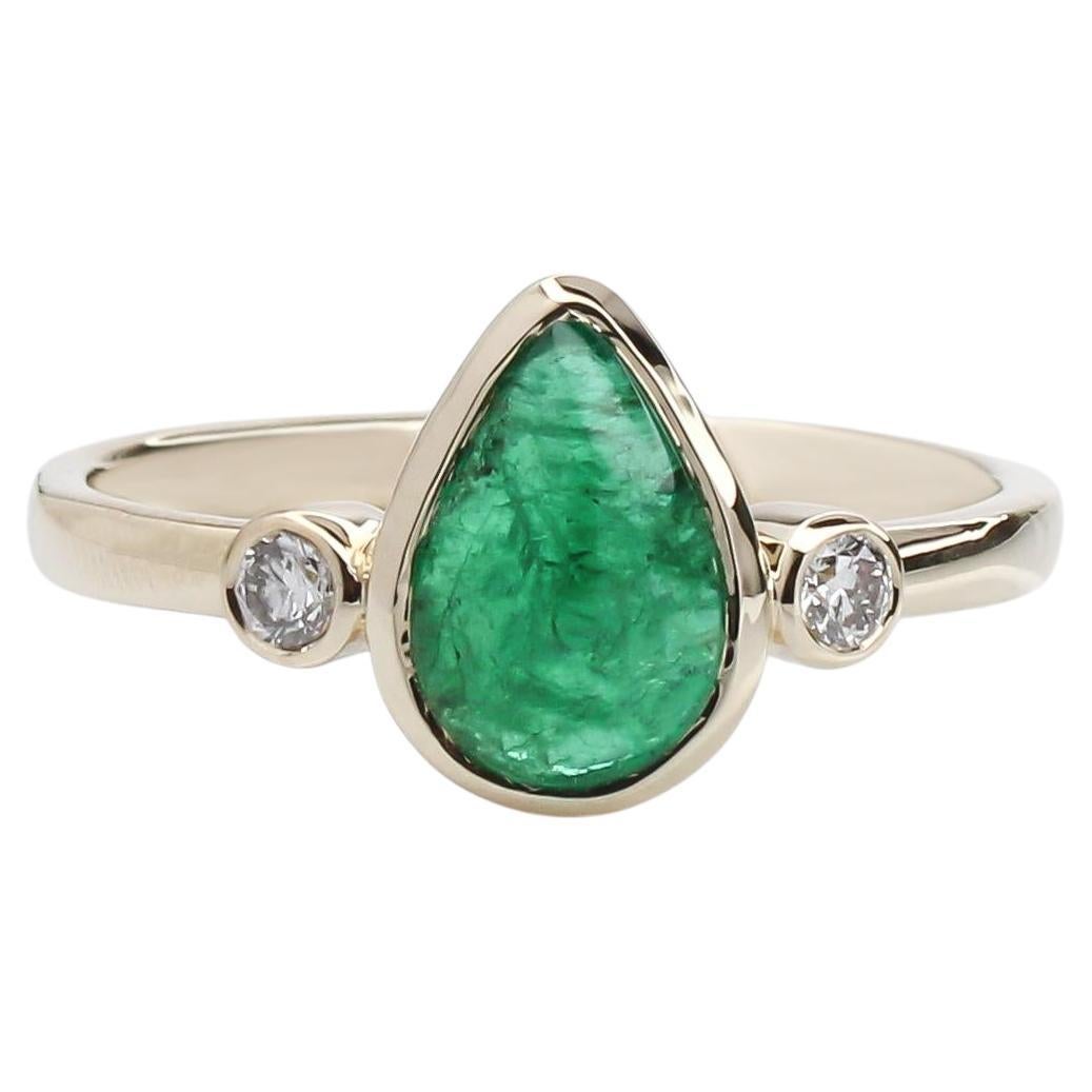 1.3ct Emerald Ring w Earth Mined Diamonds in Solid 14K Yellow Gold Pear 9x6mm