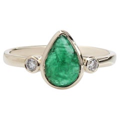 1.3ct Emerald Ring w Earth Mined Diamonds in Solid 14K Yellow Gold Pear 9x6mm