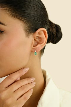 1.3Ct Natural Emerald-Cut Emerald & Diamond Hoop Earrings in 14K White Gold