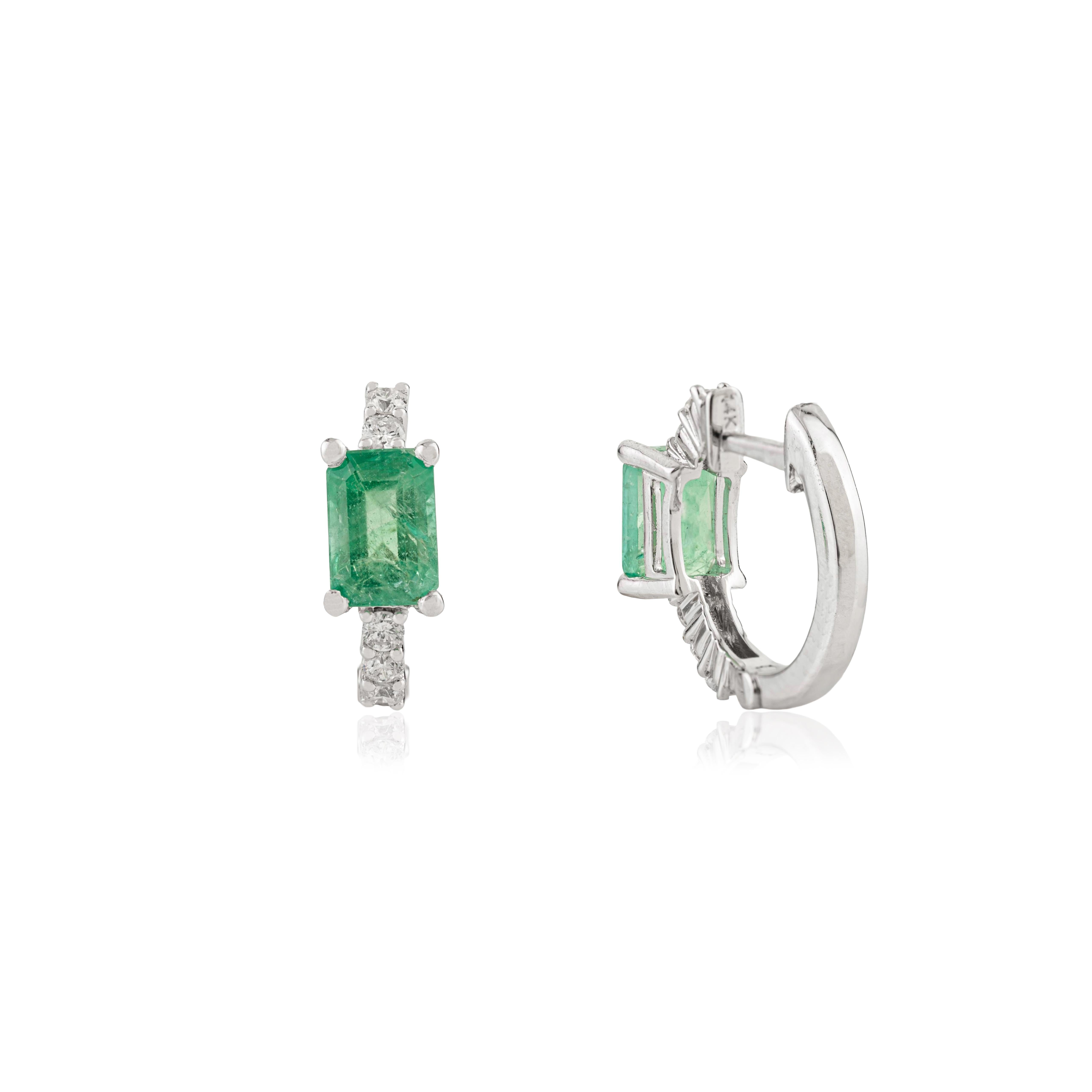 1.3Ct Natural Emerald-Cut Emerald 
Diamond Hoop Earrings in 14K White Gold For Sale