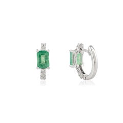 1.3Ct Natural Emerald-Cut Emerald 
Diamond Hoop Earrings in 18K White Gold