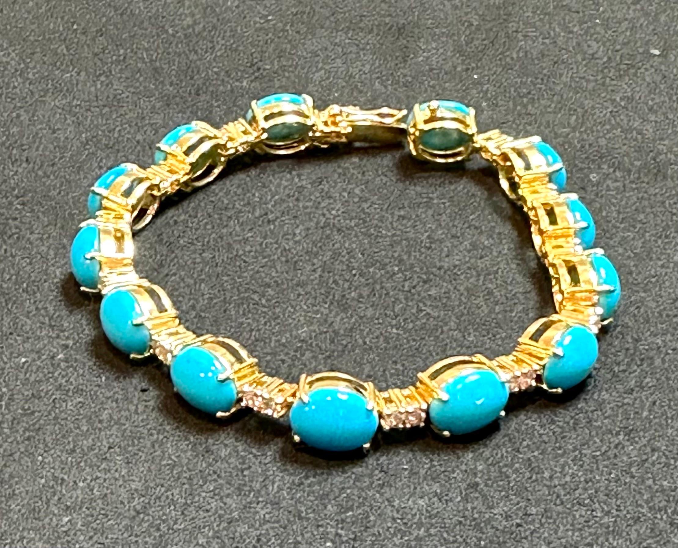13Ct Natural Sleeping Beauty Turquoise & Diamond Tennis Bracelet 14k Yellow Gold For Sale 2