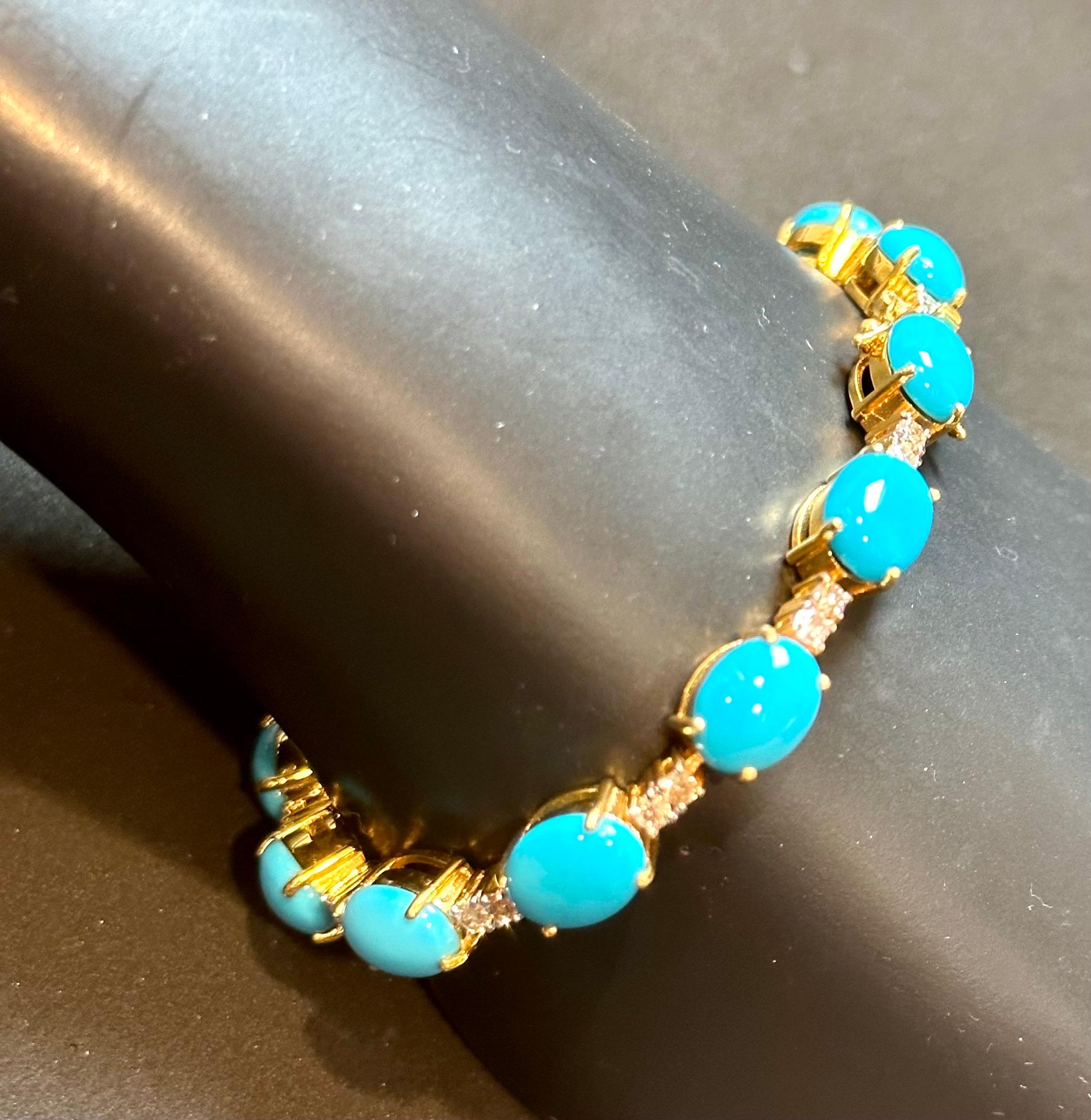 13Ct Natural Sleeping Beauty Turquoise & Diamond Tennis Bracelet 14k Yellow Gold For Sale 3