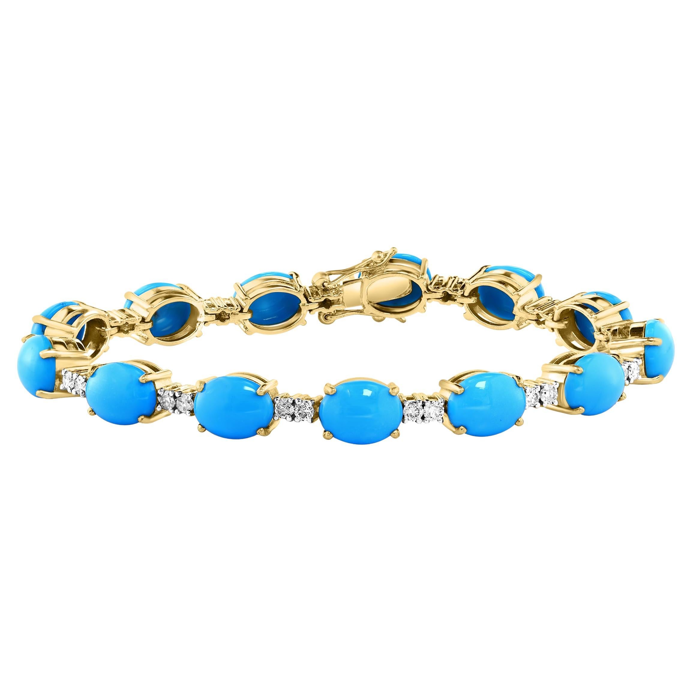 This Rare and Classic Natural Sleeping Beauty Turquoise & Diamond Tennis Bracelet is an exceptional piece that is sure to be a cherished addition to any jewelry collection. The bracelet features 13 stones of oval Sleeping Beauty Turquoise, each