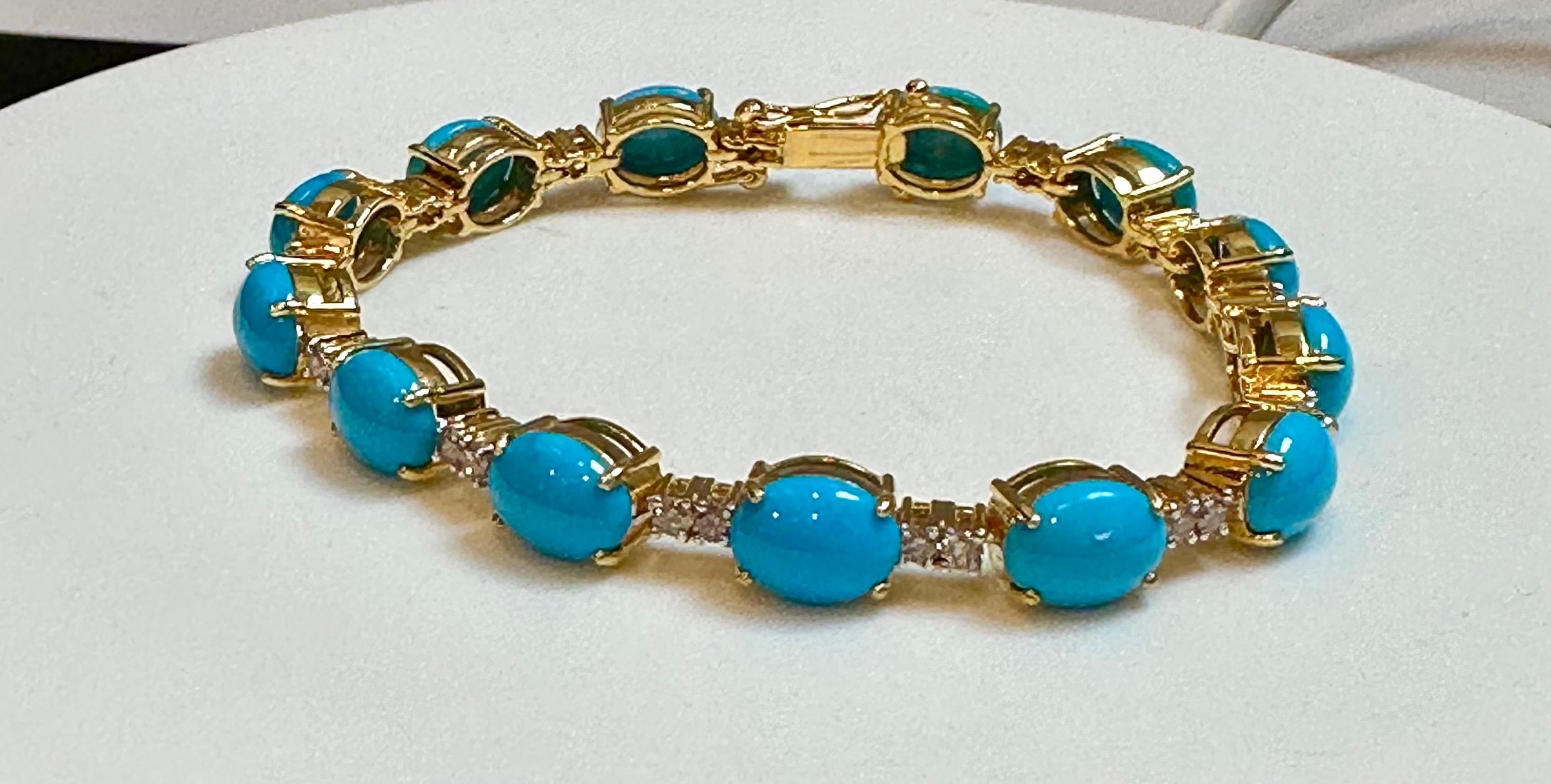 13Ct Natural Sleeping Beauty Turquoise & Diamond Tennis Bracelet 14k Yellow Gold For Sale 1