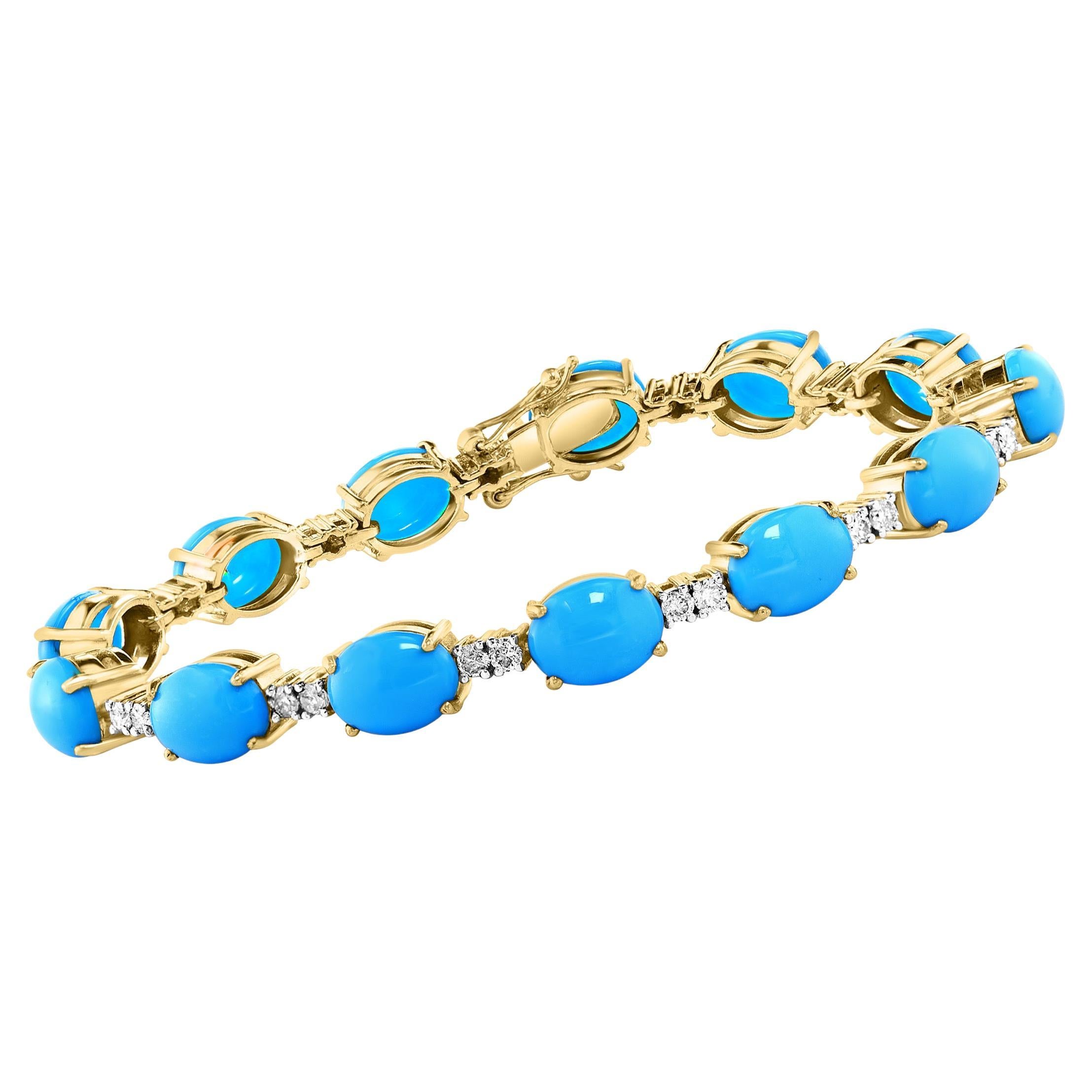 13Ct Natural Sleeping Beauty Turquoise & Diamond Tennis Bracelet 14k Yellow Gold For Sale