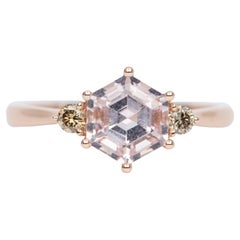 1.3ct Pink Hexagon Morganite Champagne Diamond 14K Rose Gold Engagement Ring