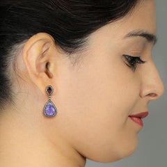 13ct Tanzanite & Pink Tourmaline Teardrop Diamonds Earrings In 18k Gold & Silver