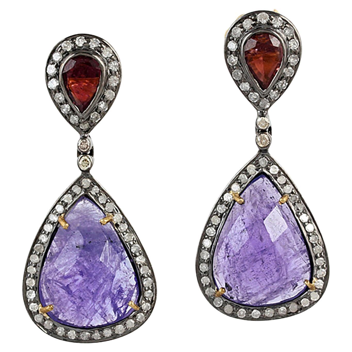 13ct Tanzanite 
Pink Tourmaline Teardrop Diamonds Earrings In 18k Gold 
Silver For Sale
