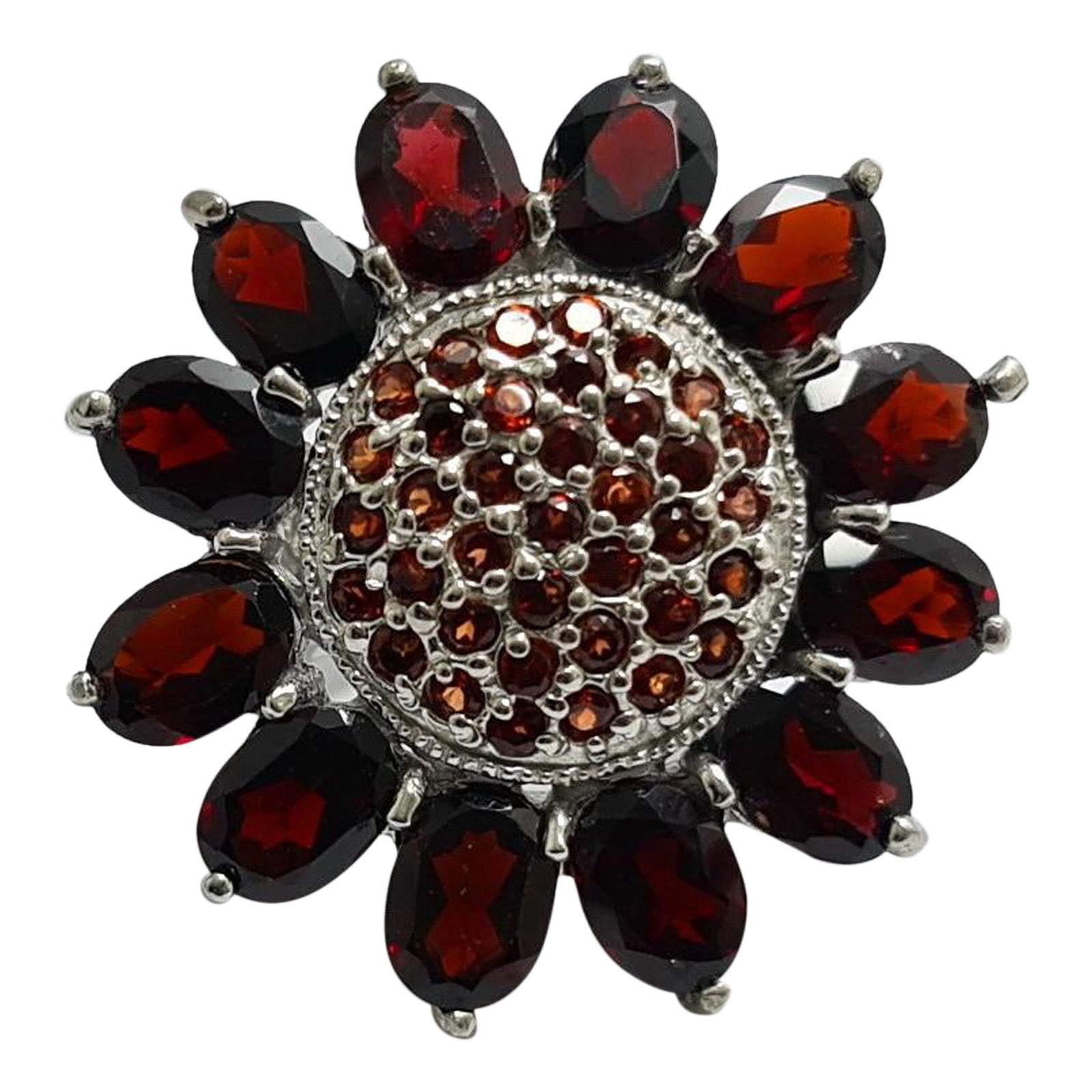 Natürlicher unbehandelter brasilianischer tiefroter Granat Sterling Silber Rhodium plattierter Sonnenblumenring

Gesamtgewicht des Rings: 17 Gramm
Gesamtgewicht des Granats: 13 Karat

Siehe andere Angebote für passende Sets