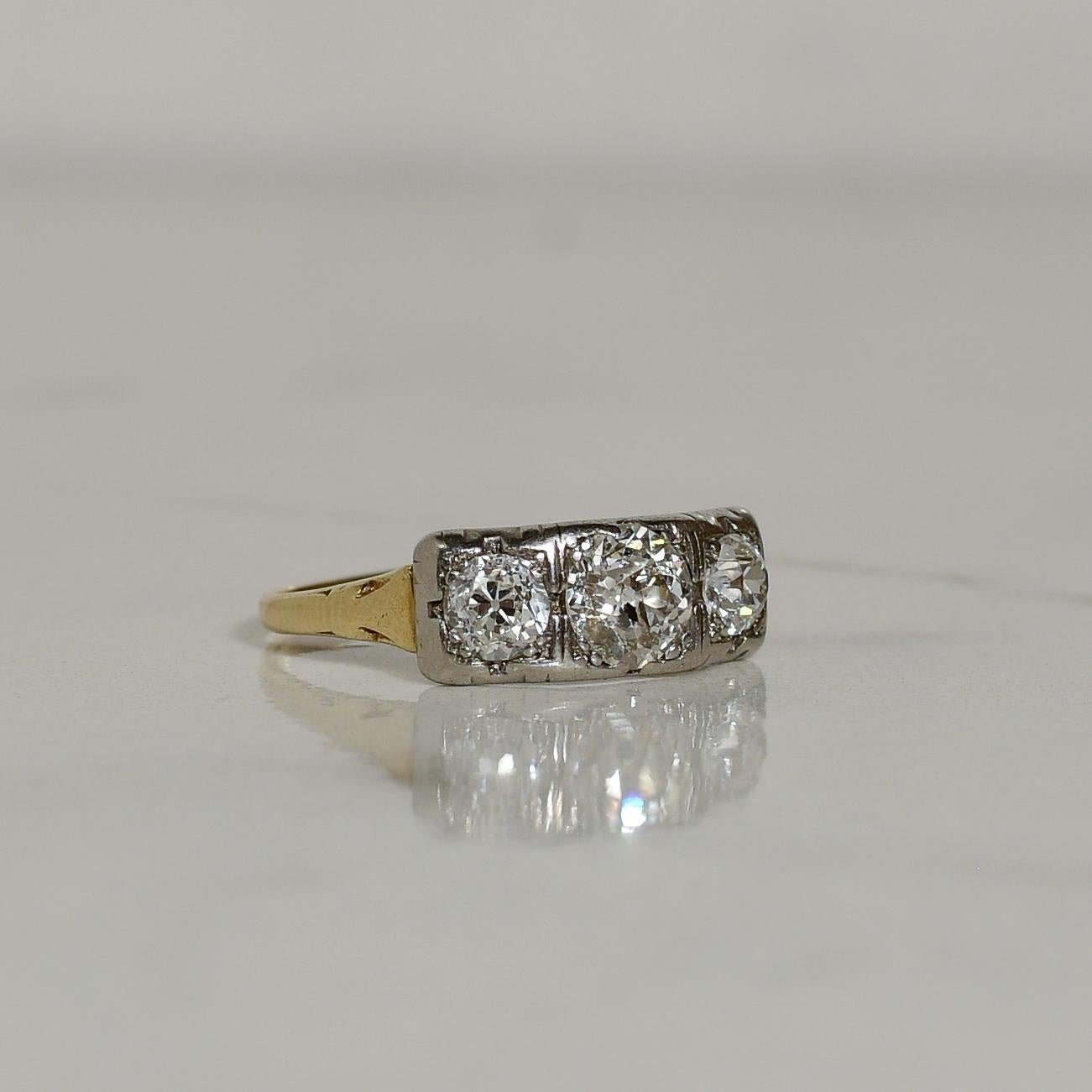 1.3cttw Art Deco 3 Stone Old European Cut Diamond Ring in 14K Gold & Platinum 1