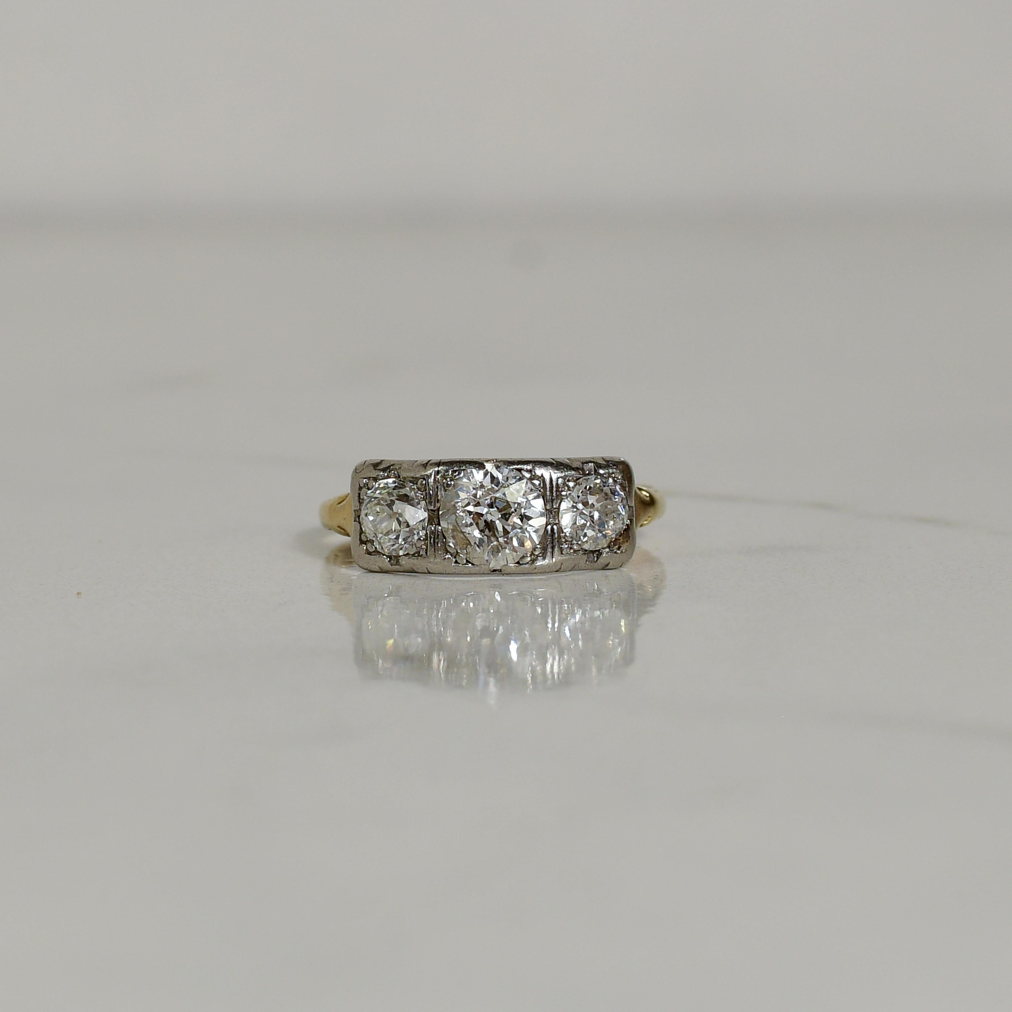 1.3cttw Art Deco 3 Stone Old European Cut Diamond Ring in 14K Gold & Platinum 2