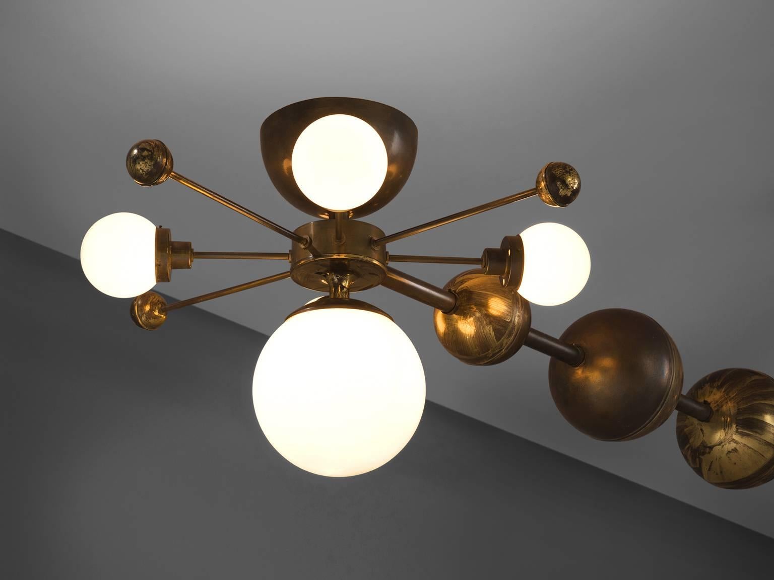 Mid-Century Modern Large Sputnik Chandelier in Glass and Patinated Brass, ca. 1960