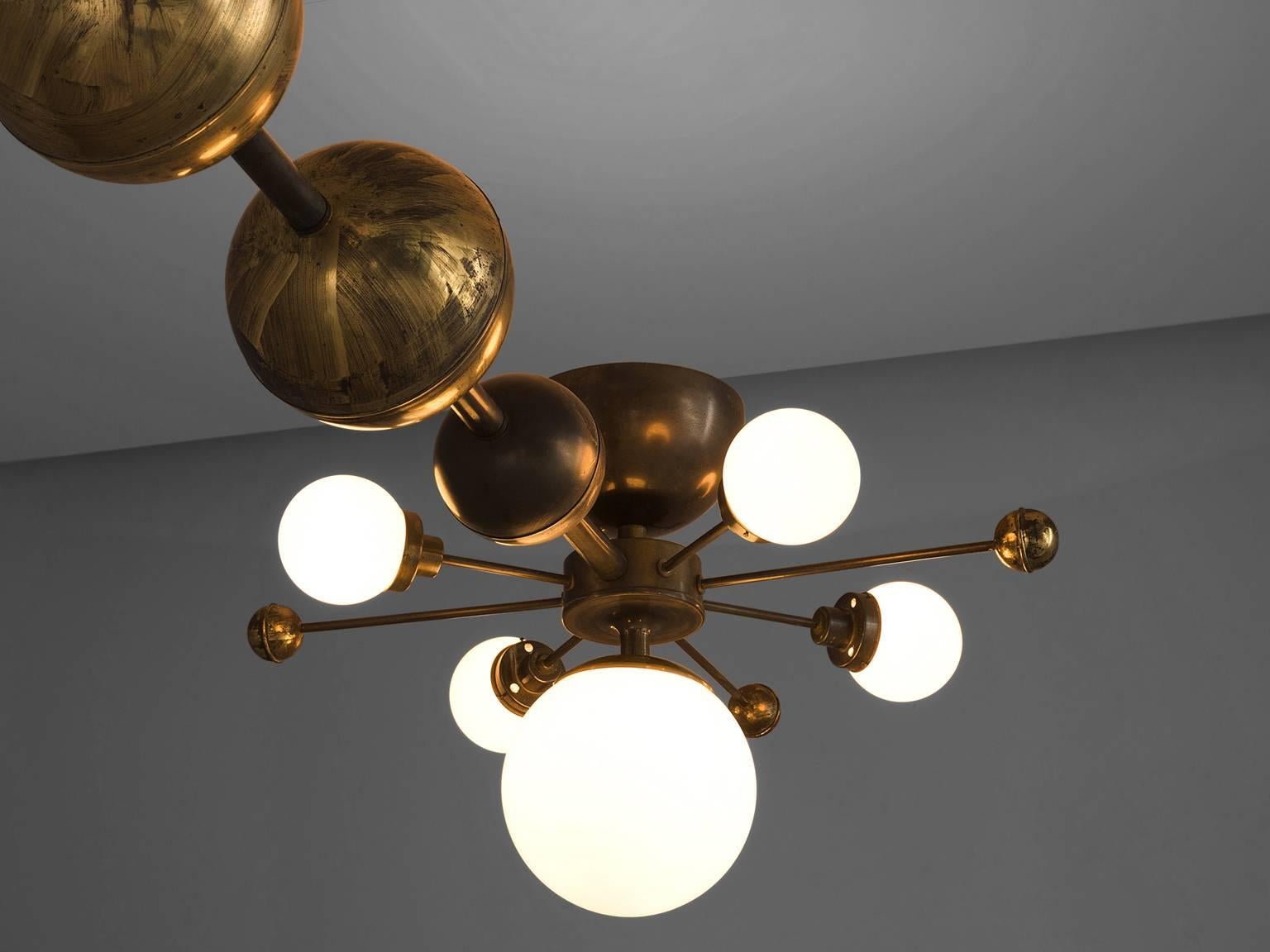 European Large Sputnik Chandelier in Glass and Patinated Brass, ca. 1960