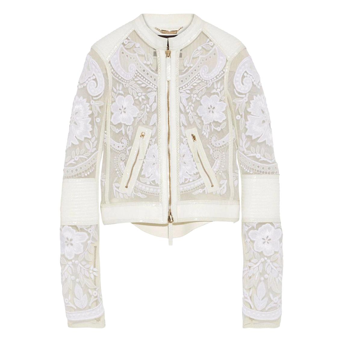 13K Roberto Cavalli Leather-trimmed Embroidered Tulle Biker Jacket in White, 42