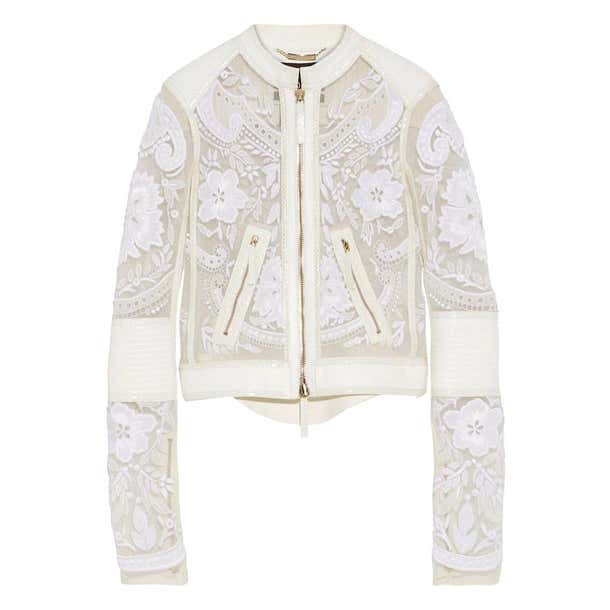 13K Roberto Cavalli Leather-trimmed Embroidered Tulle Biker Jacket in ...