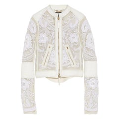 13K Roberto Cavalli Leather-trimmed Embroidered Tulle Biker Jacket in White, 42