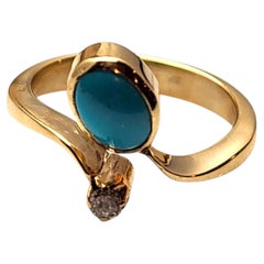 13K Yellow Gold Turquoise and Diamond Ring Size 6 #25676