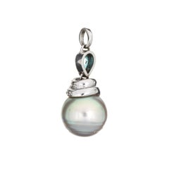 13mm Cultured Tahitian Pearl Pendant Blue Zircon Diamond 14k White Gold Jewelry