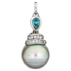 13mm Cultured Tahitian Pearl Pendant Blue Zircon Diamond 14k White Gold Jewelry