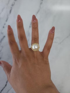 13MM Freshwater Pearl Diamond Halo Ring .50cttw 14k Yellow Gold