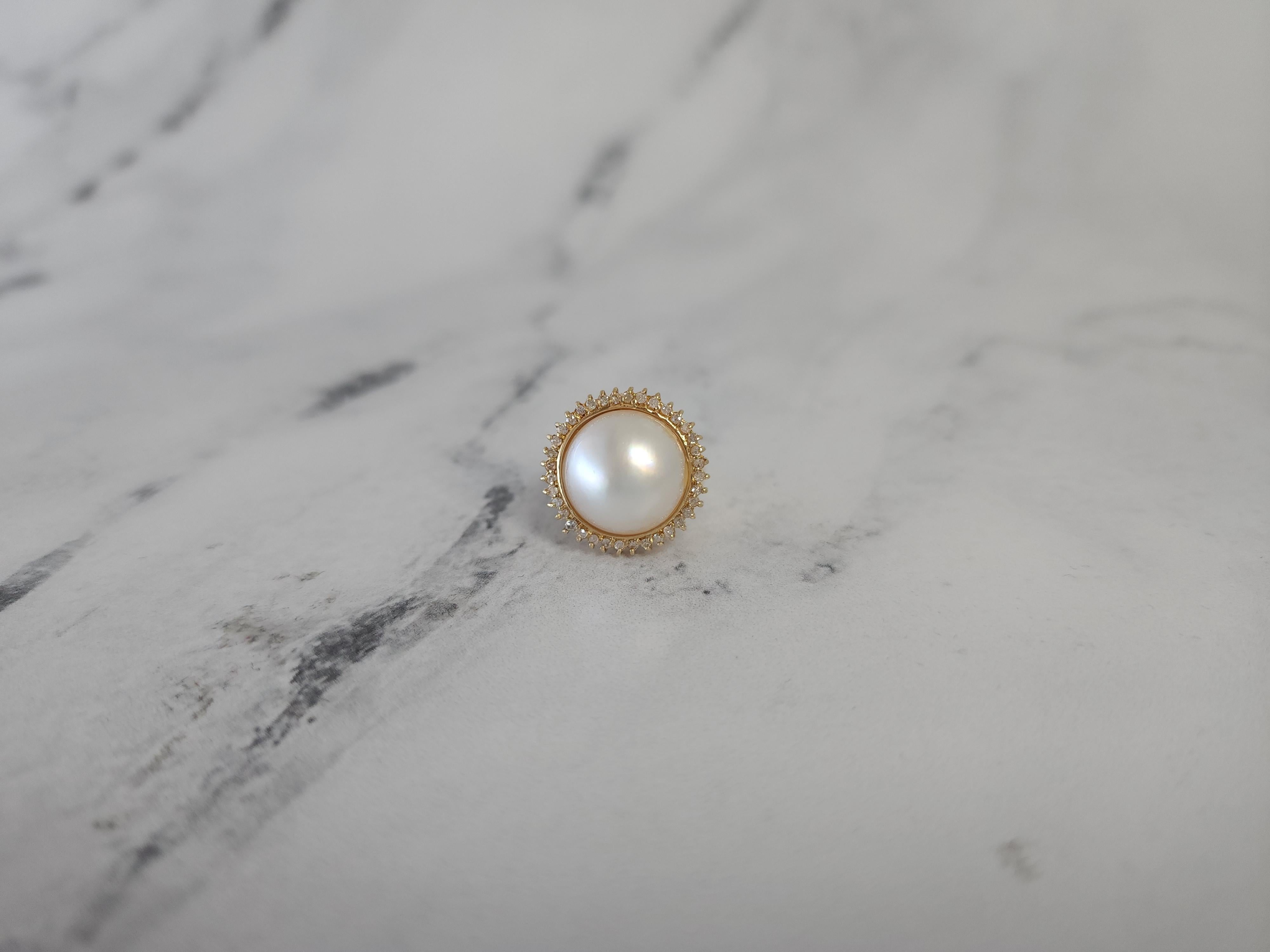Round Cut 13MM Freshwater Pearl Diamond Halo Ring .50cttw 14k Yellow Gold For Sale