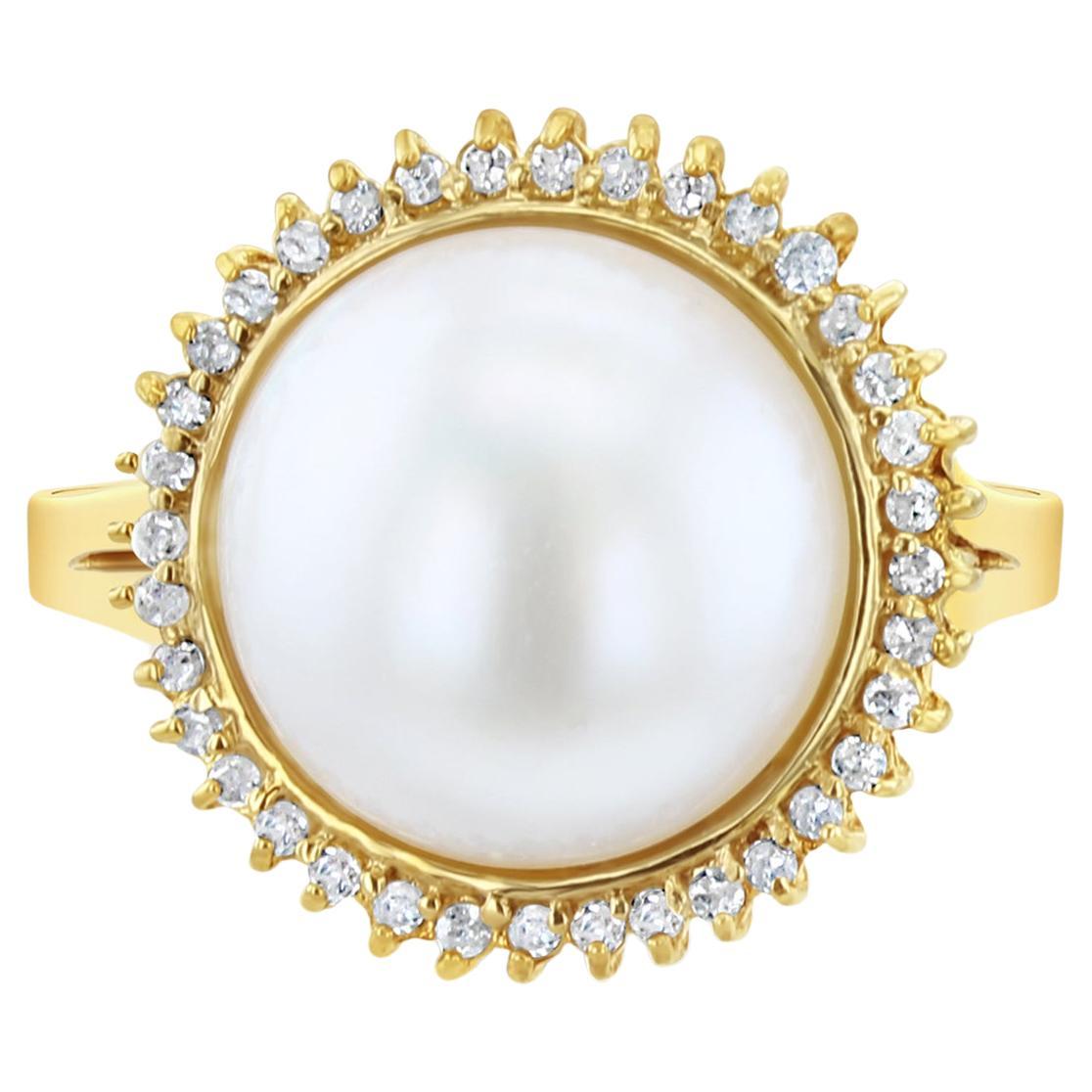 13MM Freshwater Pearl Diamond Halo Ring .50cttw 14k Yellow Gold For Sale