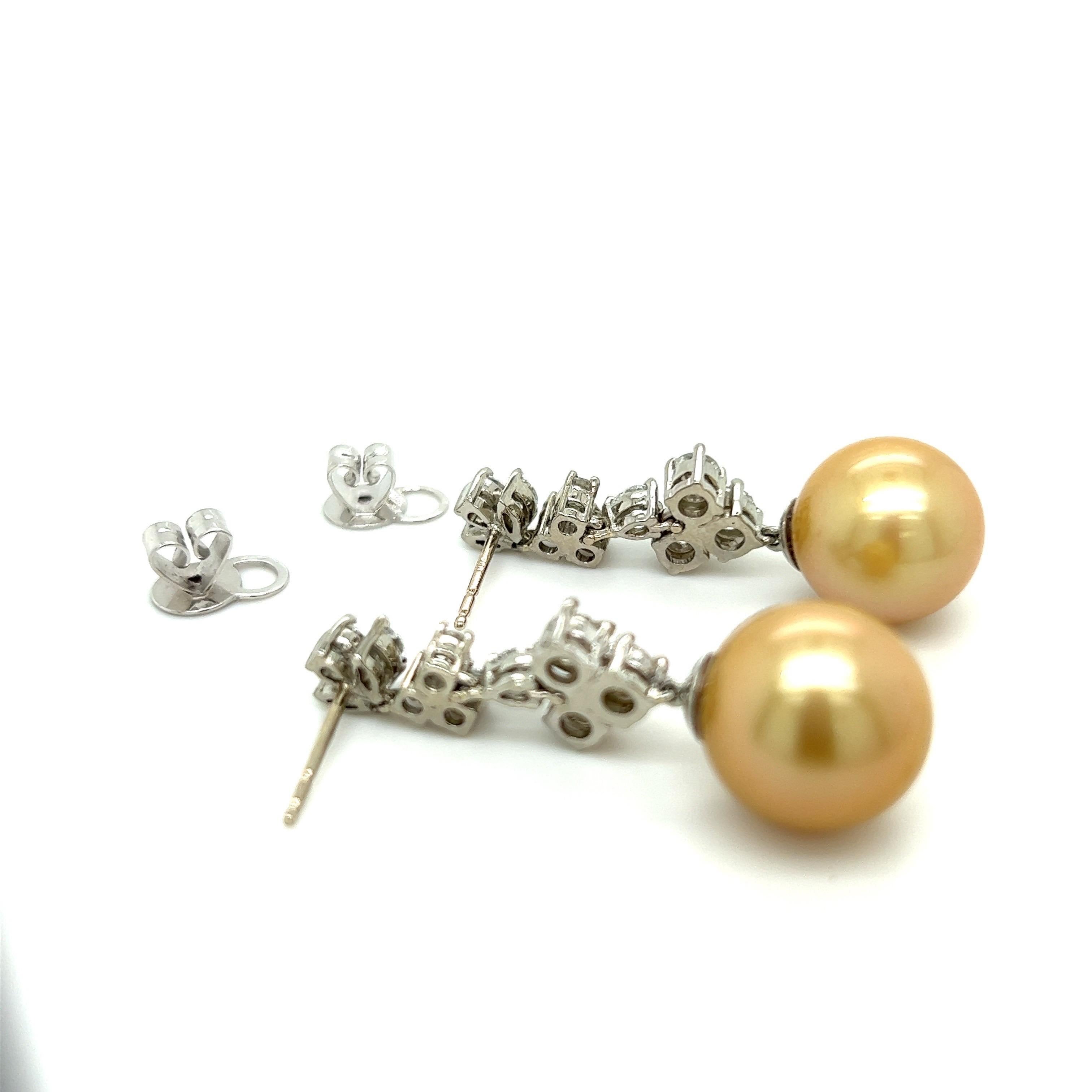 Round Cut 13MM Golden South Sea Pearl Earrings For Sale