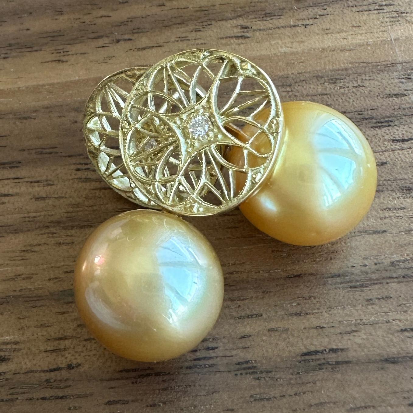 Golden South Sea Pearl Earrings with 18k Gold Filigree Tops, Diamond Accent For Sale 1