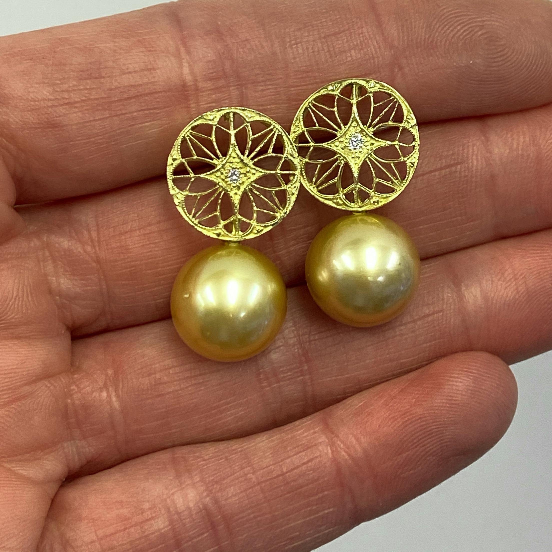 Golden South Sea Pearl Earrings with 18k Gold Filigree Tops, Diamond Accent For Sale 3