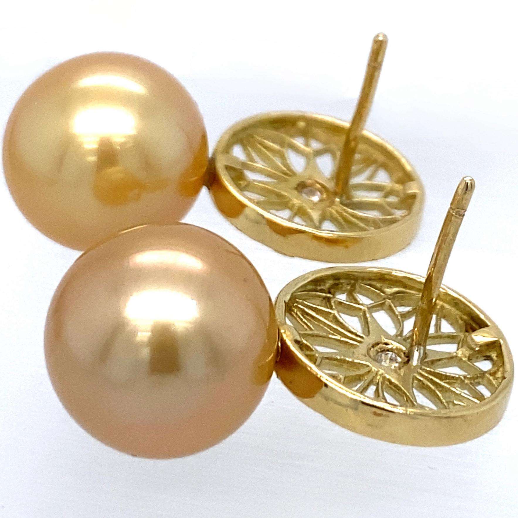 Golden South Sea Pearl Earrings with 18k Gold Filigree Tops, Diamond Accent For Sale 4