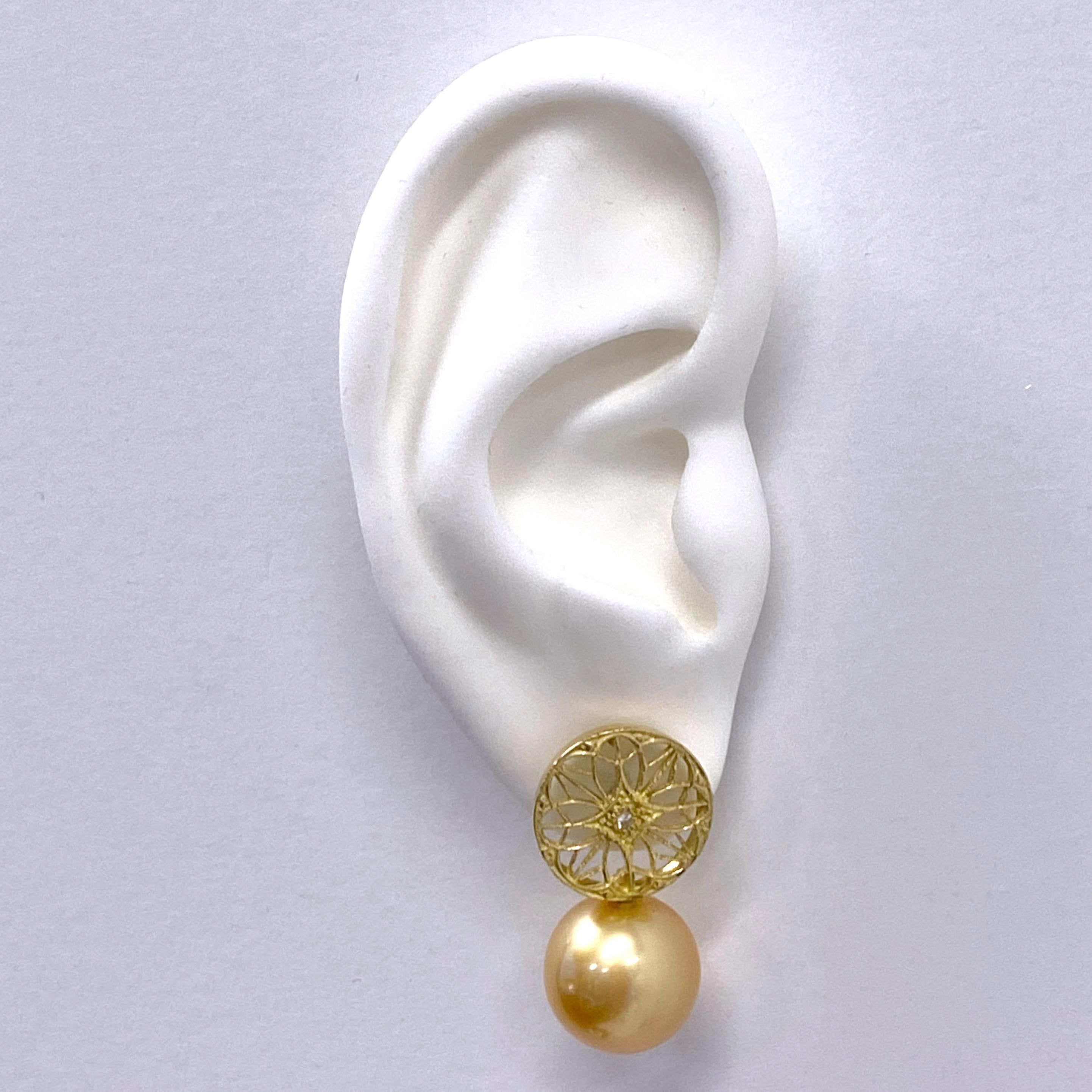 Contemporary Golden South Sea Pearl Earrings with 18k Gold Filigree Tops, Diamond Accent For Sale