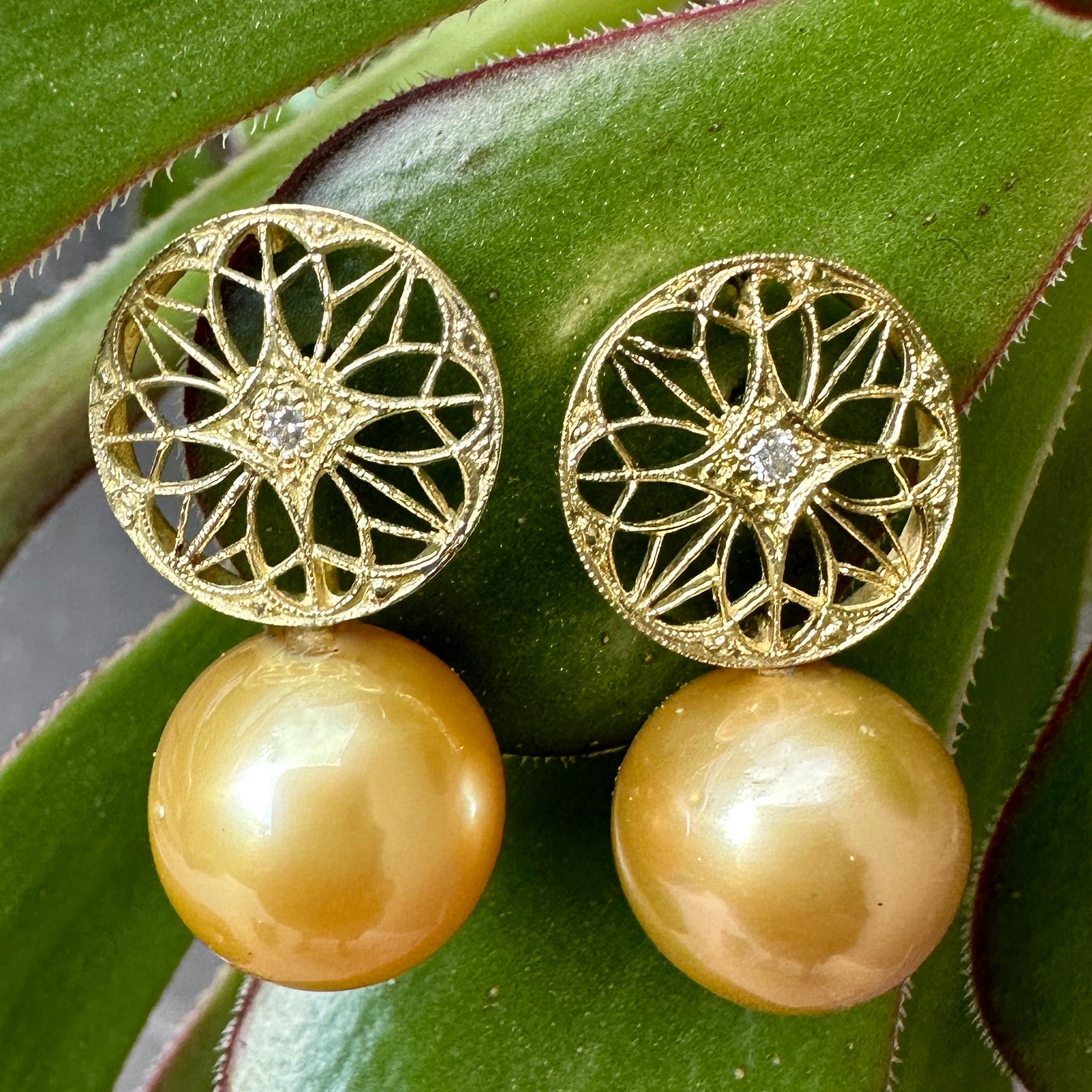 Golden South Sea Pearl Earrings with 18k Gold Filigree Tops, Diamond Accent In New Condition For Sale In Sherman Oaks, CA