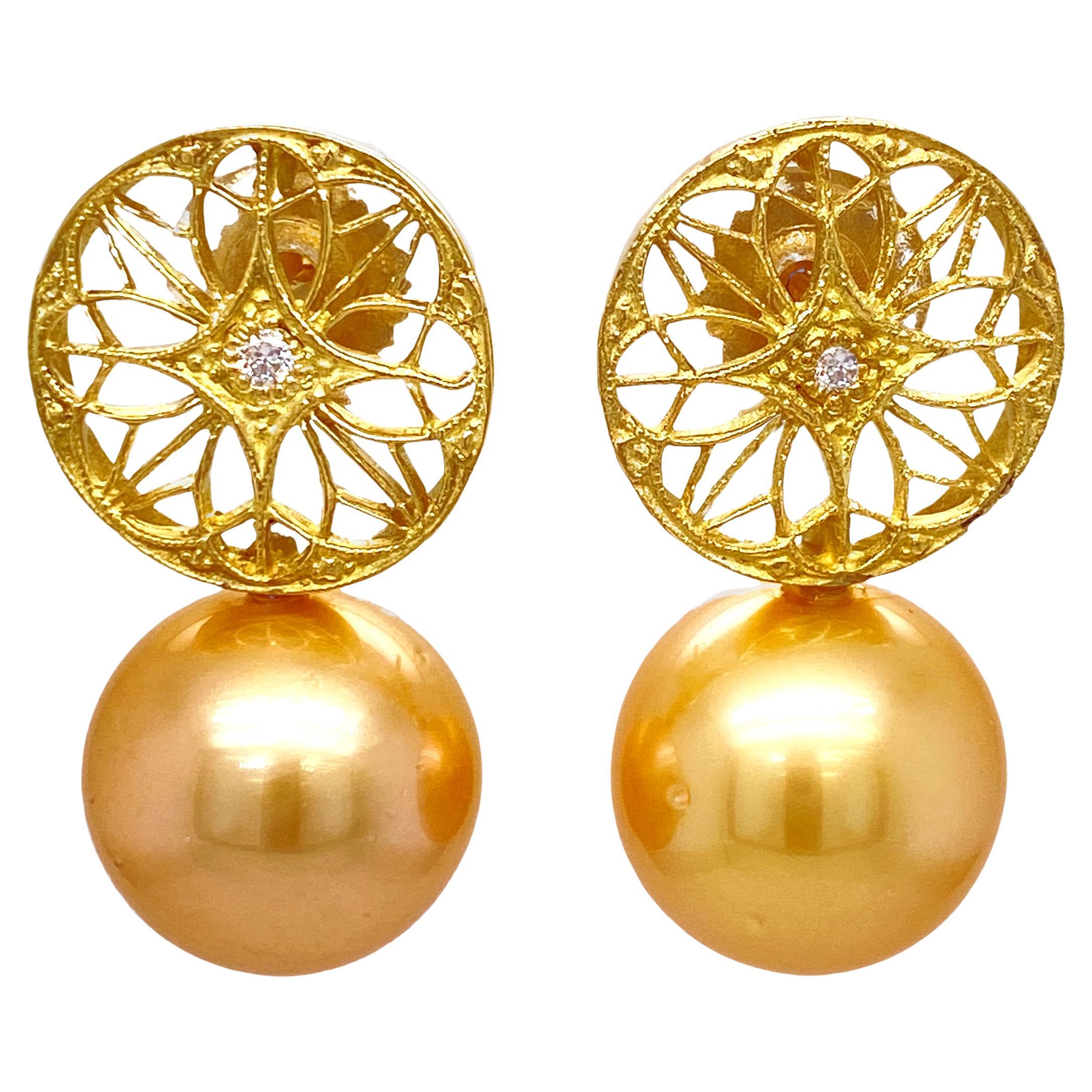 Golden South Sea Pearl Earrings with 18k Gold Filigree Tops, Diamond Accent For Sale