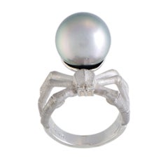 Gray Pearl and Diamond White Gold Spider Ring