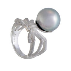 Vintage Gray Pearl and Diamond White Gold Spider Ring