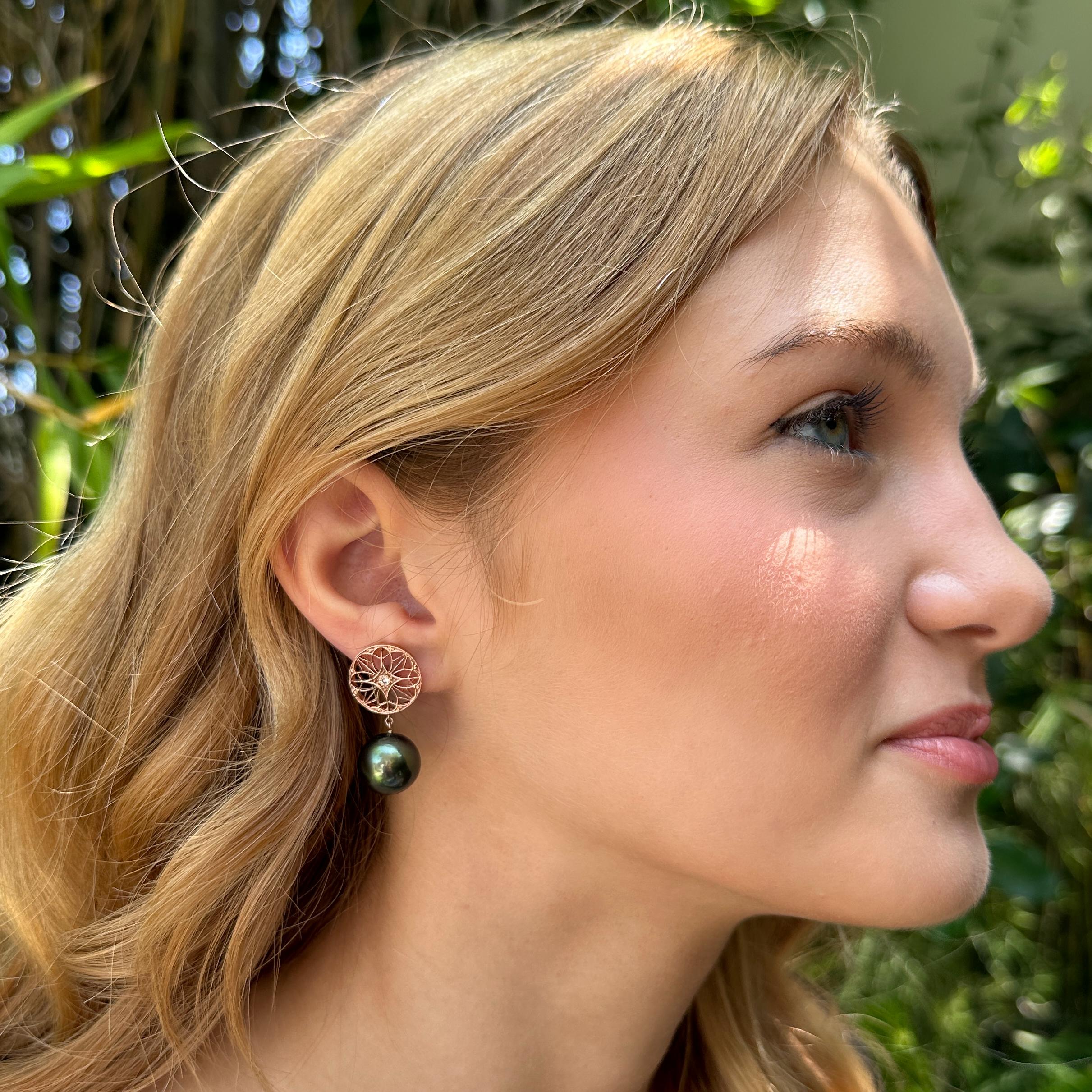 Two magnificent Tahitian pearls and two filigree rose gold discs make for one pair of gorgeous and important new earrings by Eytan Brandes.

Each of Eytan's lacy openwork discs -- a component he's used for years and for many jewelry designs -- is