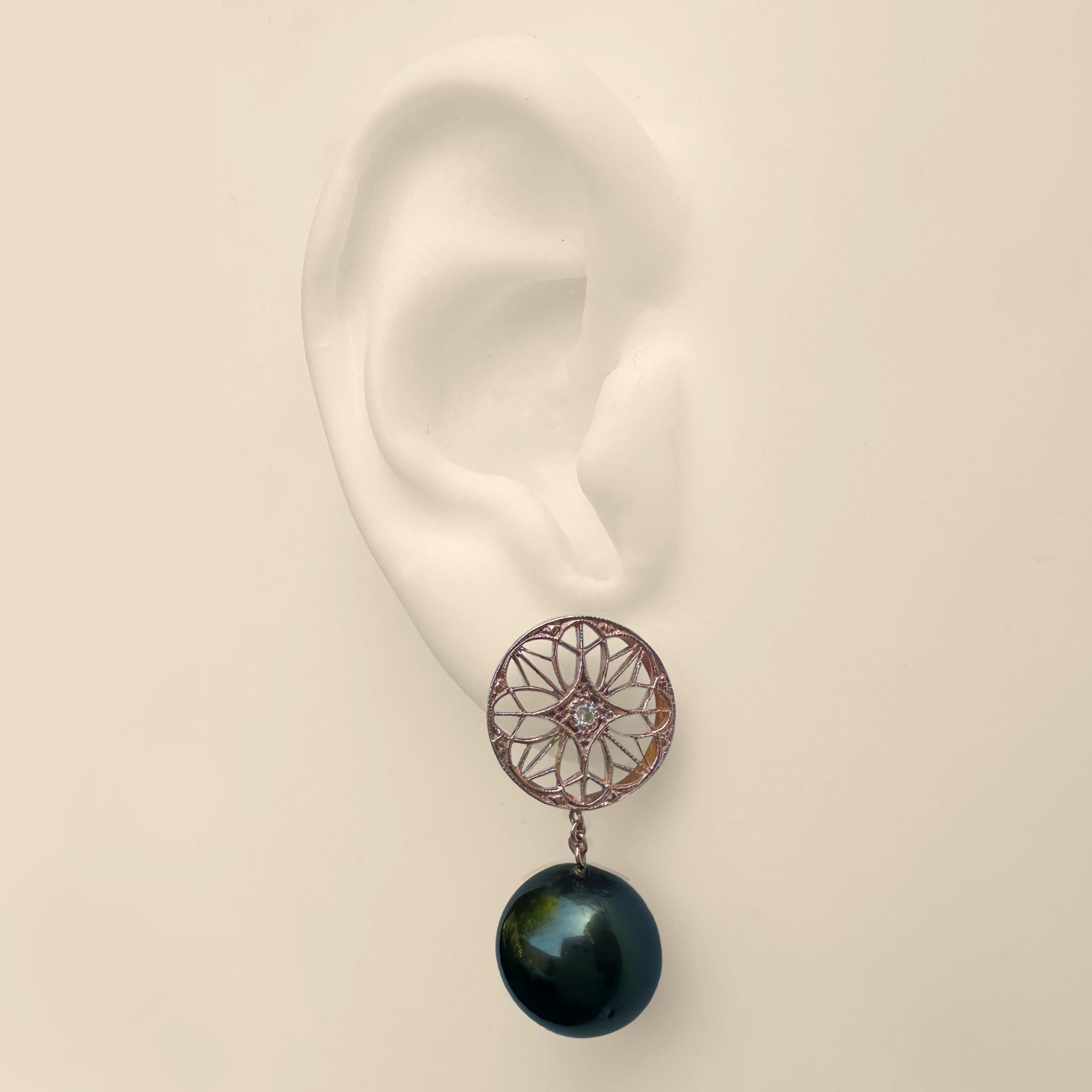 Brilliant Cut 13mm Midnight Green Tahitian Pearl Earrings with Rose Gold & Diamond Disc Tops For Sale