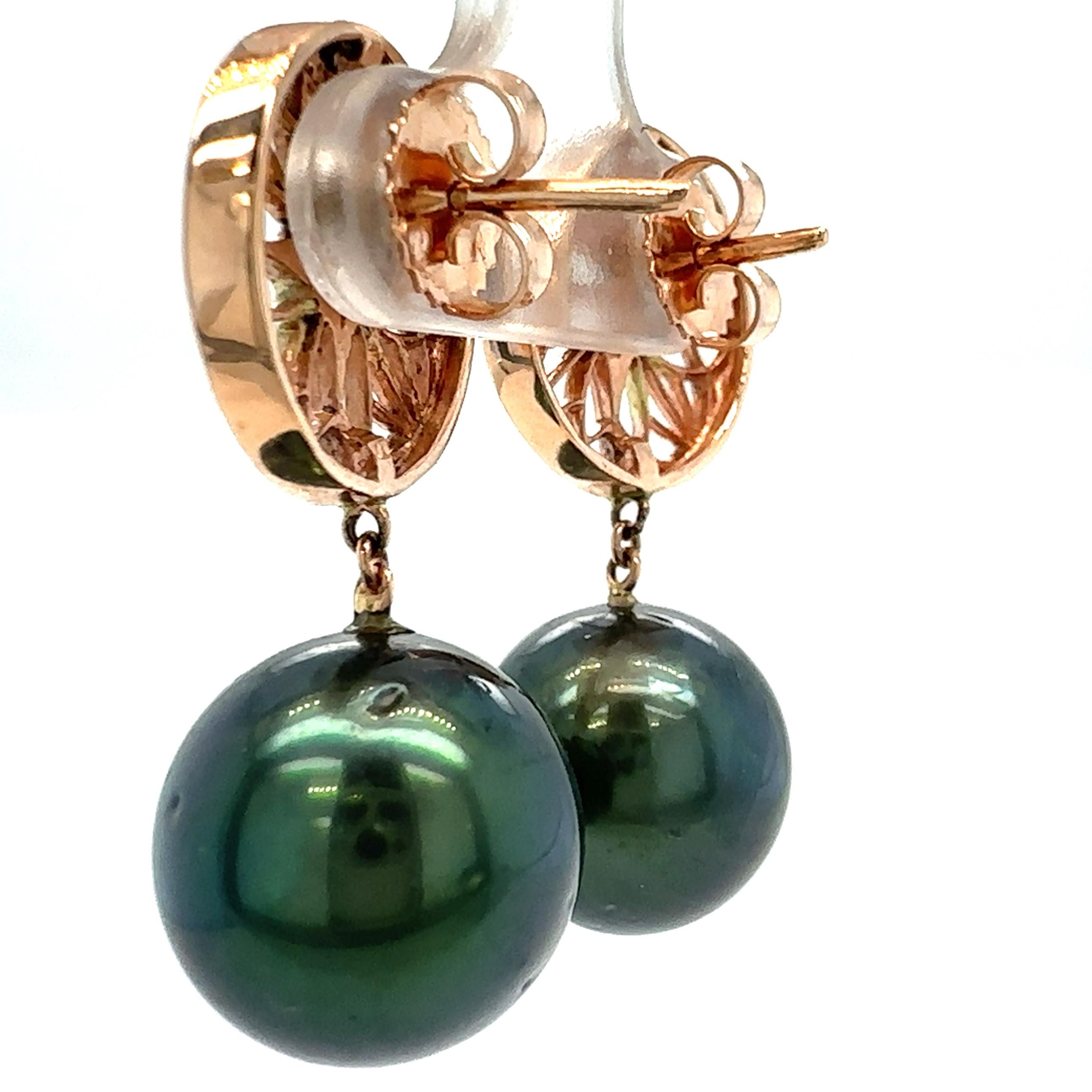 Women's 13mm Midnight Green Tahitian Pearl Earrings with Rose Gold & Diamond Disc Tops For Sale