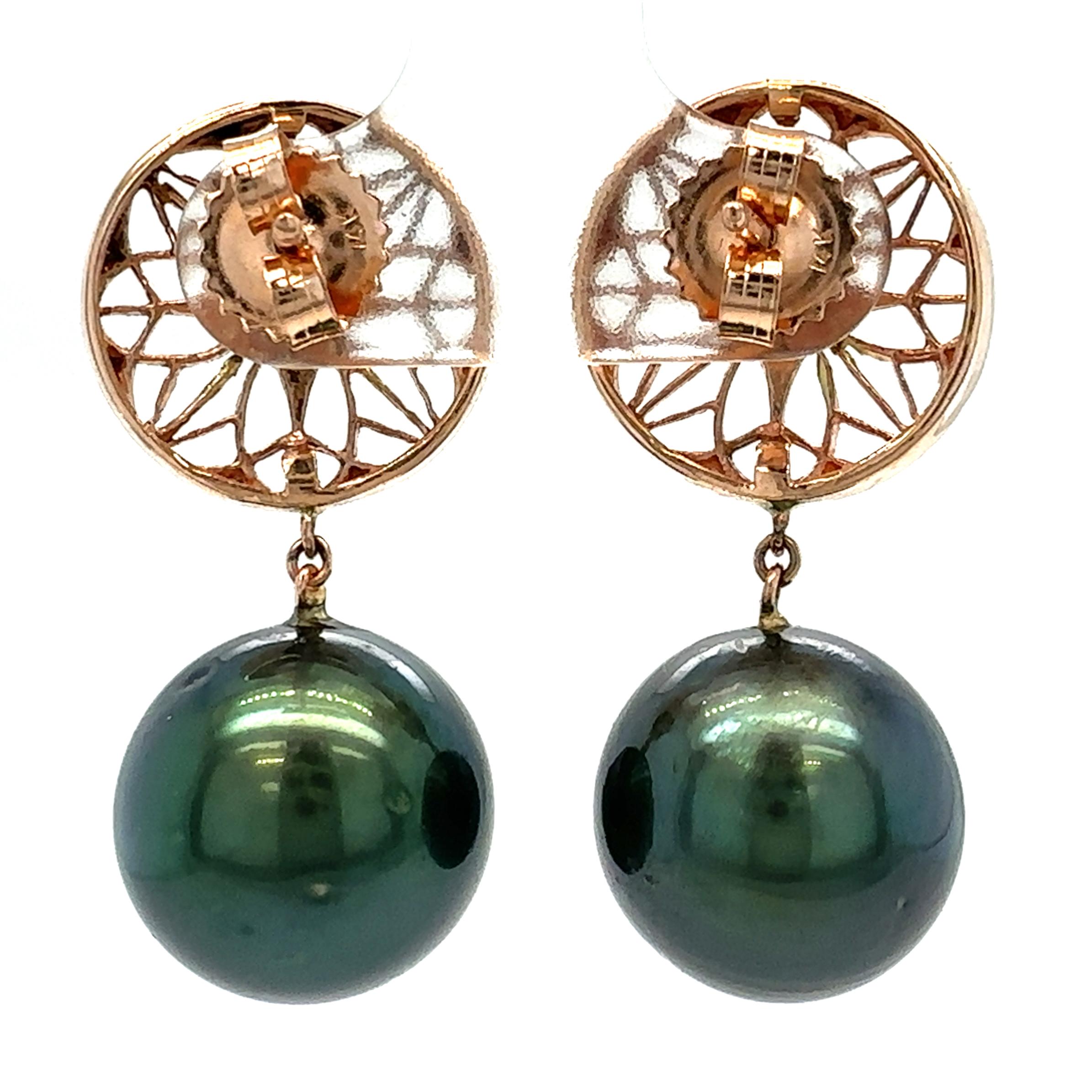 13mm Midnight Green Tahitian Pearl Earrings with Rose Gold & Diamond Disc Tops For Sale 1