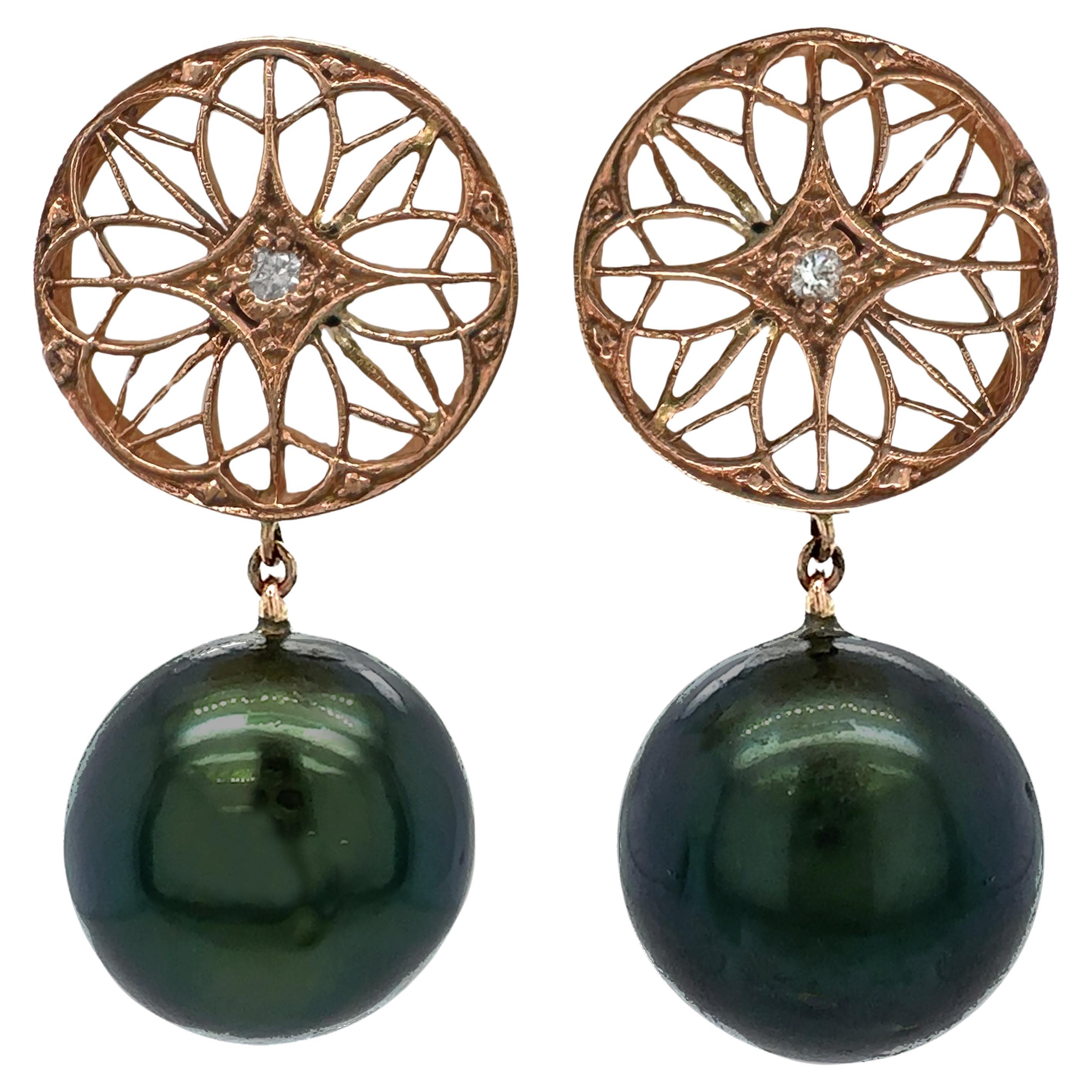 13mm Midnight Green Tahitian Pearl Earrings with Rose Gold & Diamond Disc Tops For Sale
