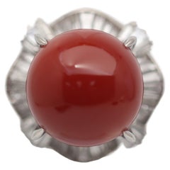 Red Coral Diamond Platinum Ring