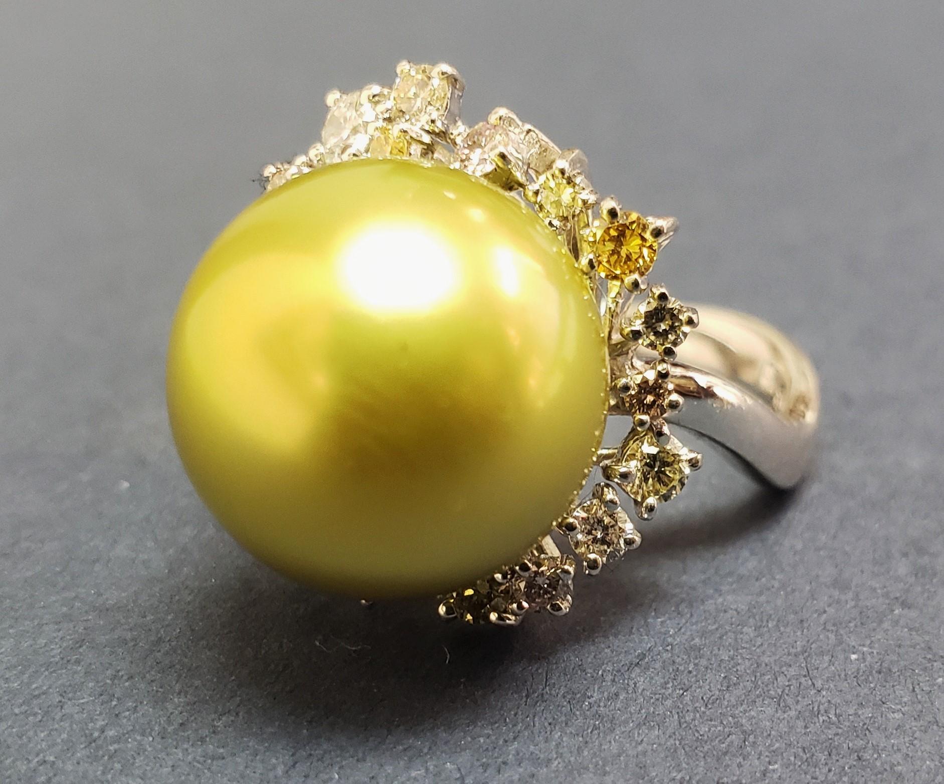 13MM Round Pistachio Tahitian Pearl color diamond ring 18K s-6.25 For Sale 4