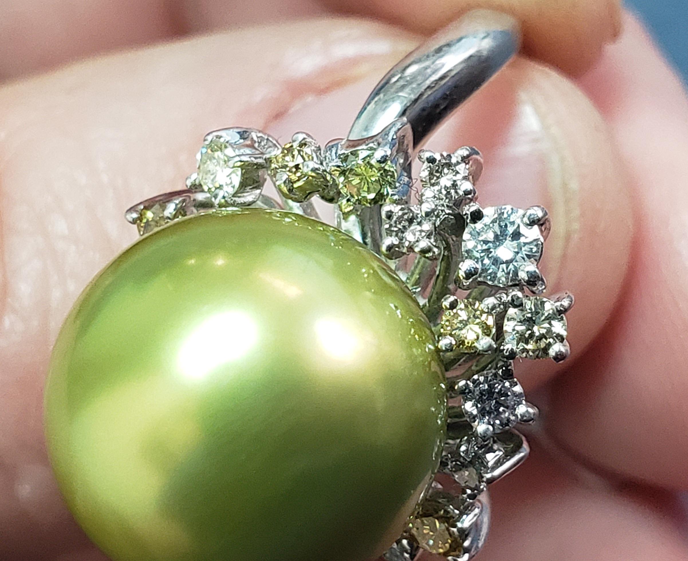 13MM Round Pistachio Tahitian Pearl color diamond ring 18K s-6.25 For Sale 5