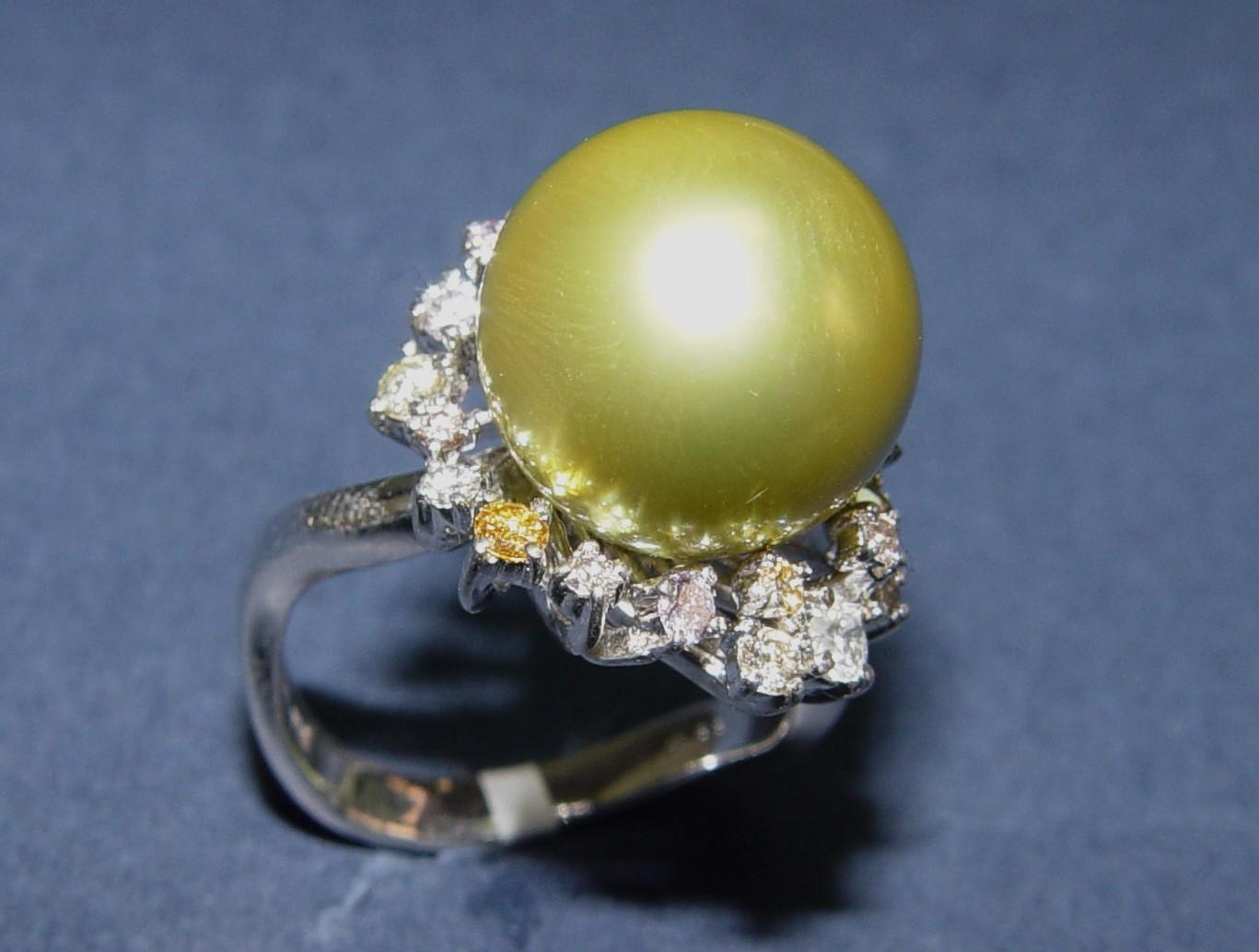 13MM Round Pistachio Tahitian Pearl color diamond ring 18K s-6.25 For Sale 6