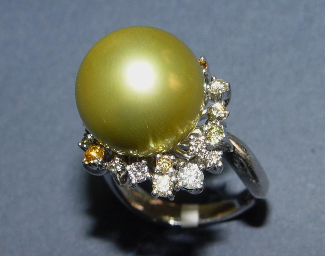 13MM Round Pistachio Tahitian Pearl color diamond ring 18K s-6.25 For Sale 7
