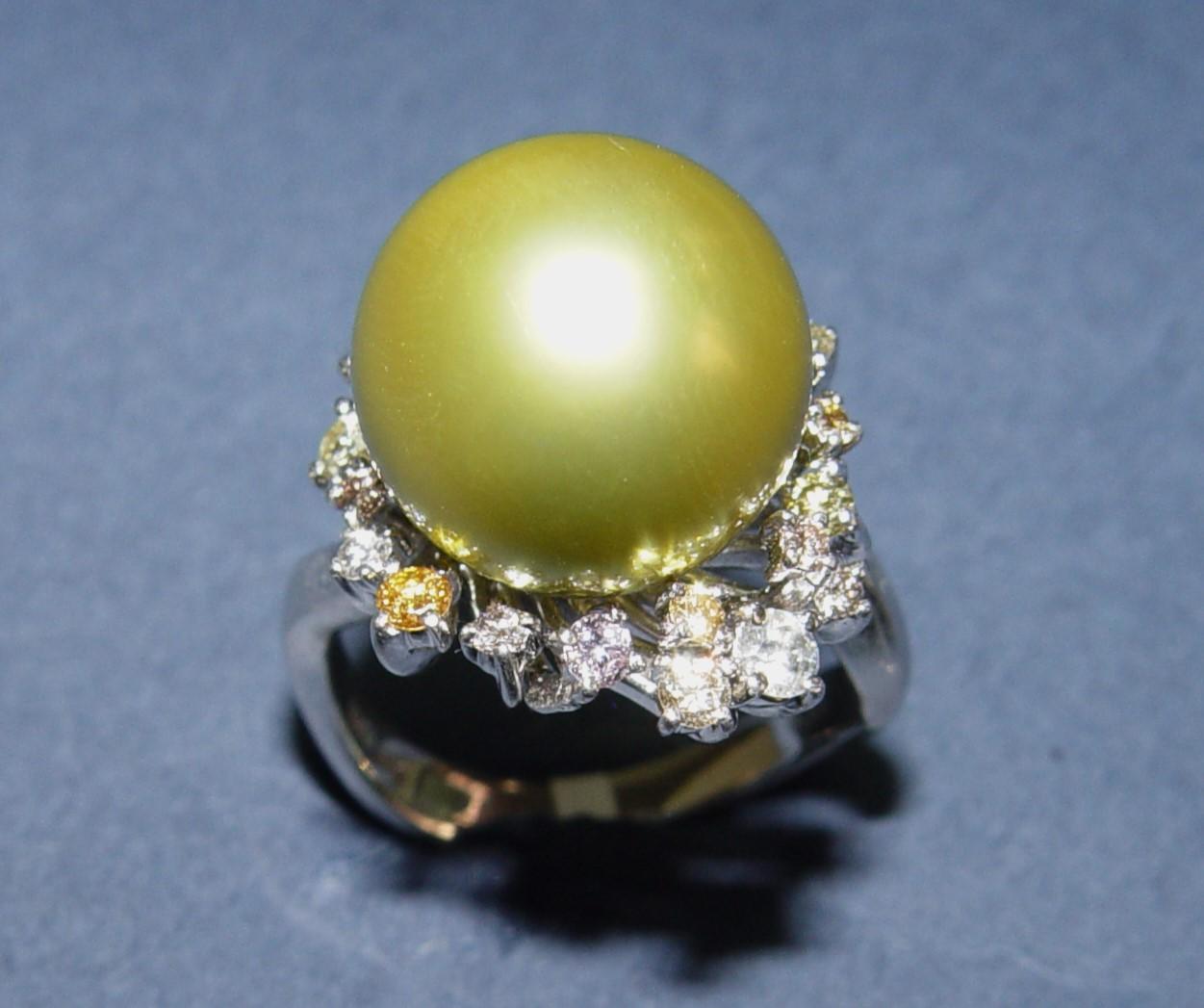 13MM Round Pistachio Tahitian Pearl color diamond ring 18K s-6.25 For Sale 8