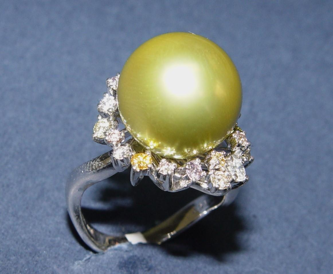 13MM Round Pistachio Tahitian Pearl color diamond ring 18K s-6.25 For Sale 9