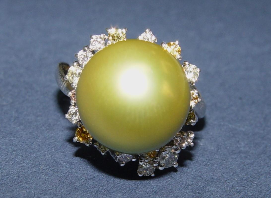 13MM Round Pistachio Tahitian Pearl color diamond ring 18K s-6.25 For Sale 10