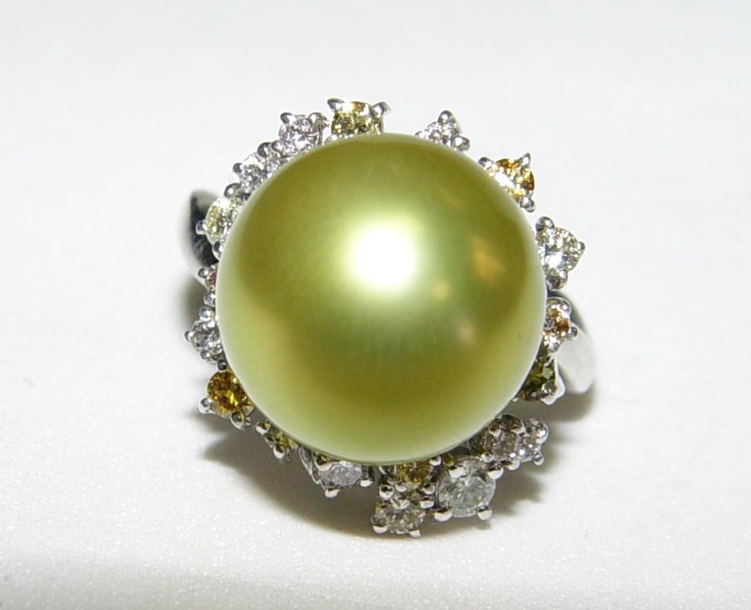 13MM Round Pistachio Tahitian Pearl color diamond ring 18K s-6.25 For Sale 12